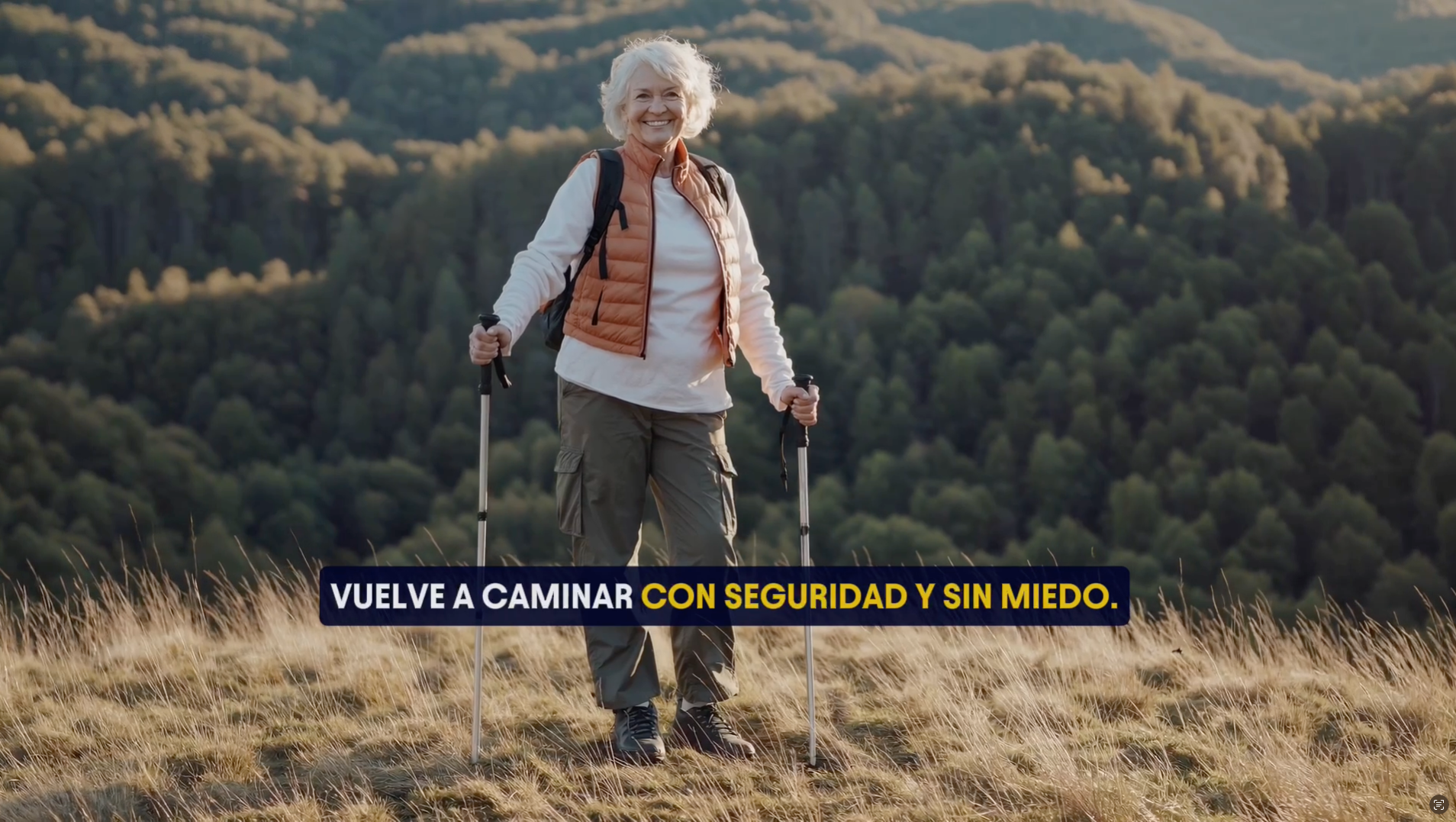 Mujer senior con bastones en el campo